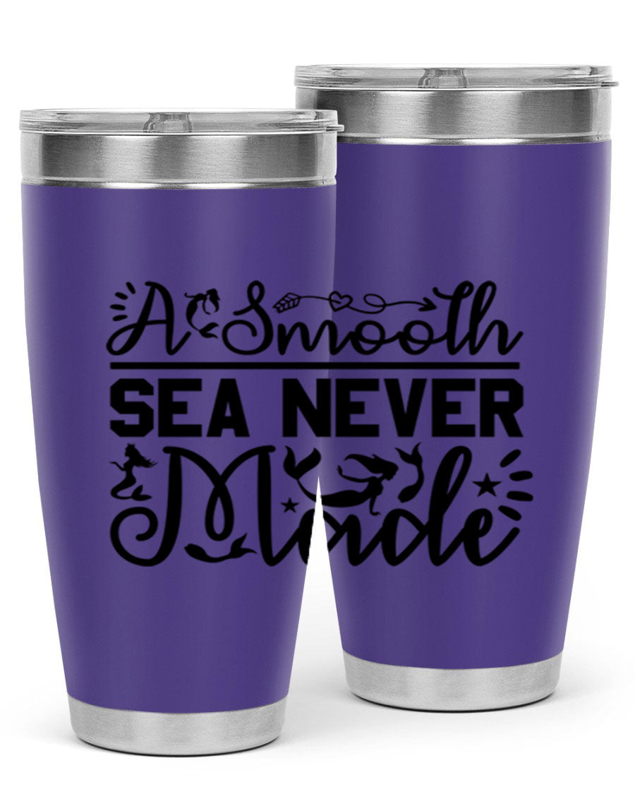 A Smooth Sea Never Made 11# mermaid tumbler in stainless steel with a vibrant design, showcasing its double wall vacuum insulation and drink-thru lid.