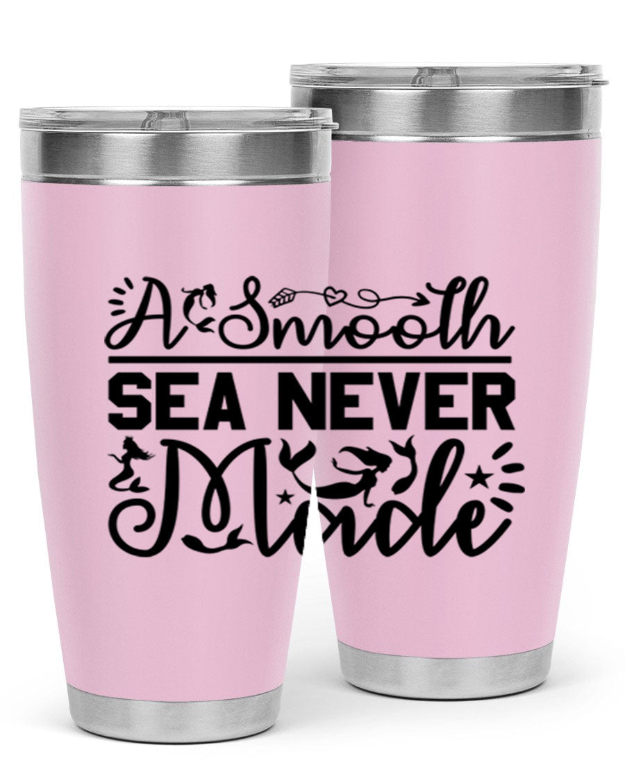 A Smooth Sea Never Made 11# mermaid tumbler in stainless steel with a vibrant design, showcasing its double wall vacuum insulation and drink-thru lid.