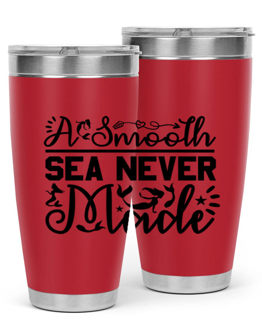 A Smooth Sea Never Made 11# mermaid tumbler in stainless steel with a vibrant design, showcasing its double wall vacuum insulation and drink-thru lid.