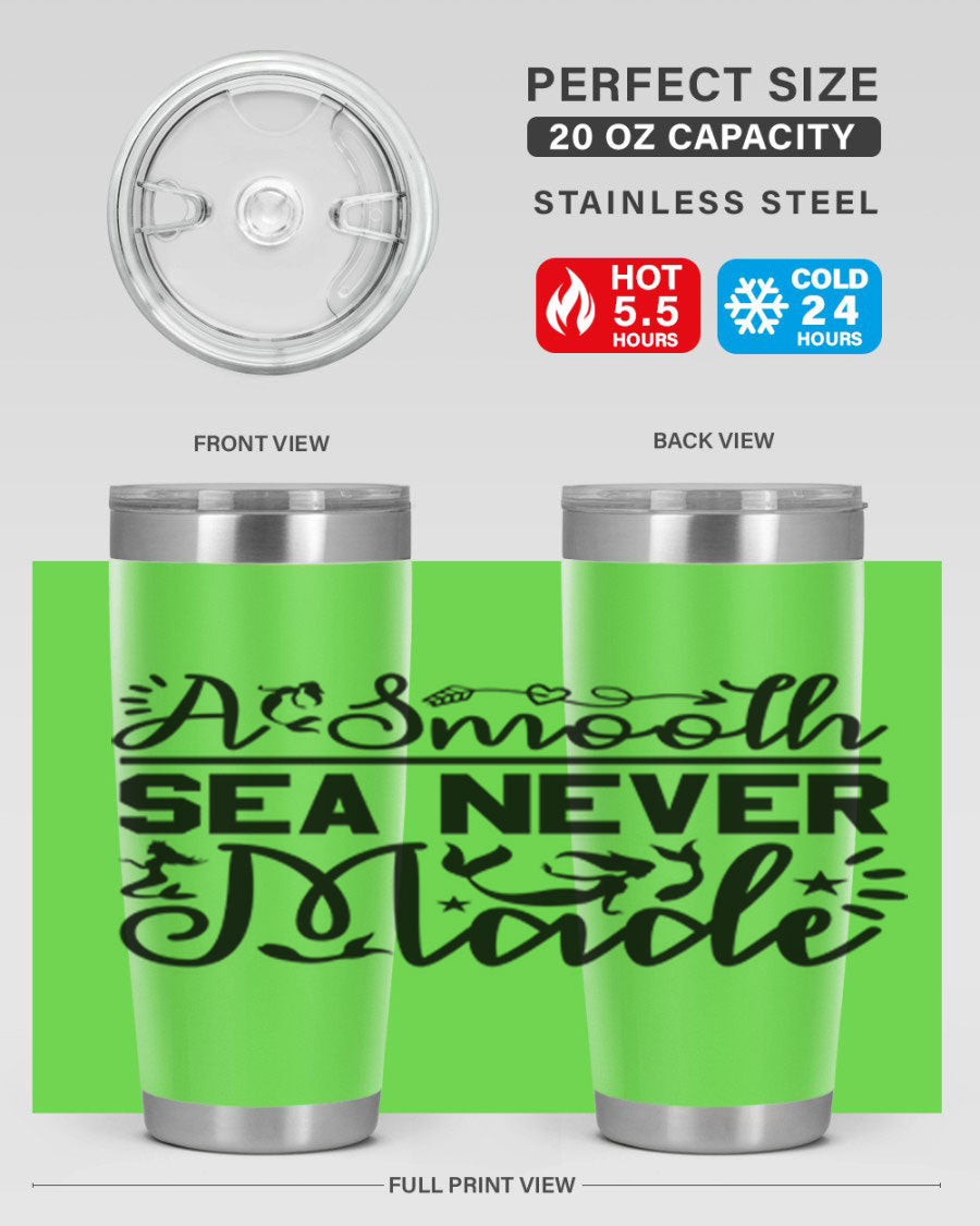 A Smooth Sea Never Made 11# mermaid tumbler in stainless steel with a vibrant design, showcasing its double wall vacuum insulation and drink-thru lid.