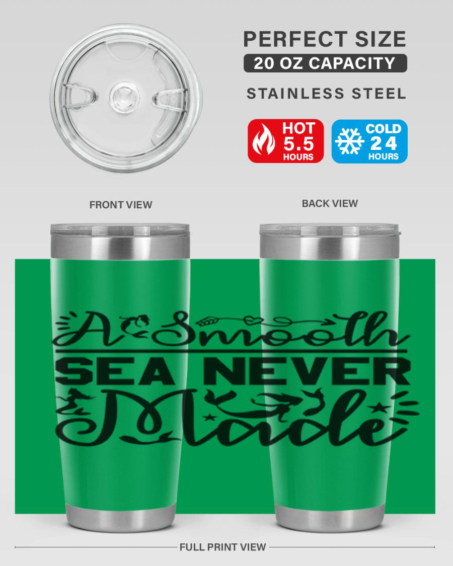 A Smooth Sea Never Made 11# mermaid tumbler in stainless steel with a vibrant design, showcasing its double wall vacuum insulation and drink-thru lid.