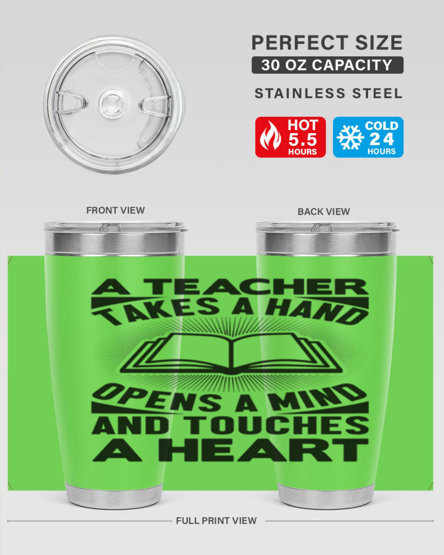 A Teacher Style 195# tumbler in stainless steel with a sleek design, showcasing its double wall vacuum insulation and drink-thru lid.