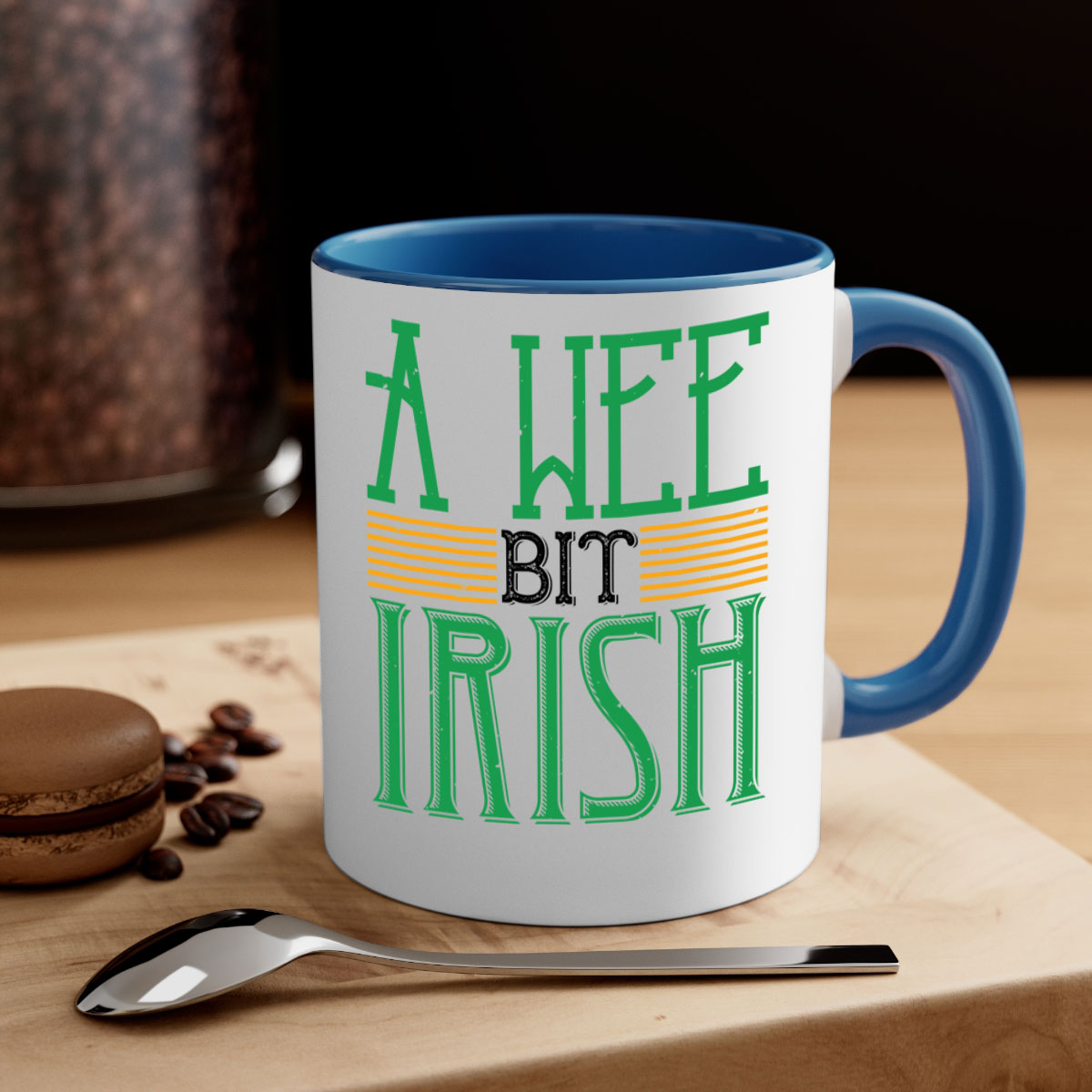 A vibrant two-tone A Wee Bit Irish Mug with a colored handle and glossy finish, perfect for coffee or tea.