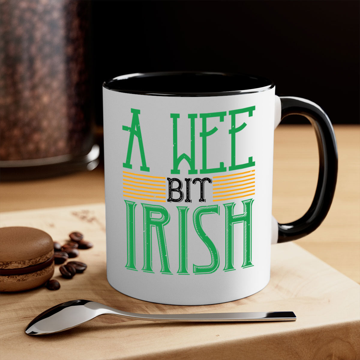 A vibrant two-tone A Wee Bit Irish Mug with a colored handle and glossy finish, perfect for coffee or tea.