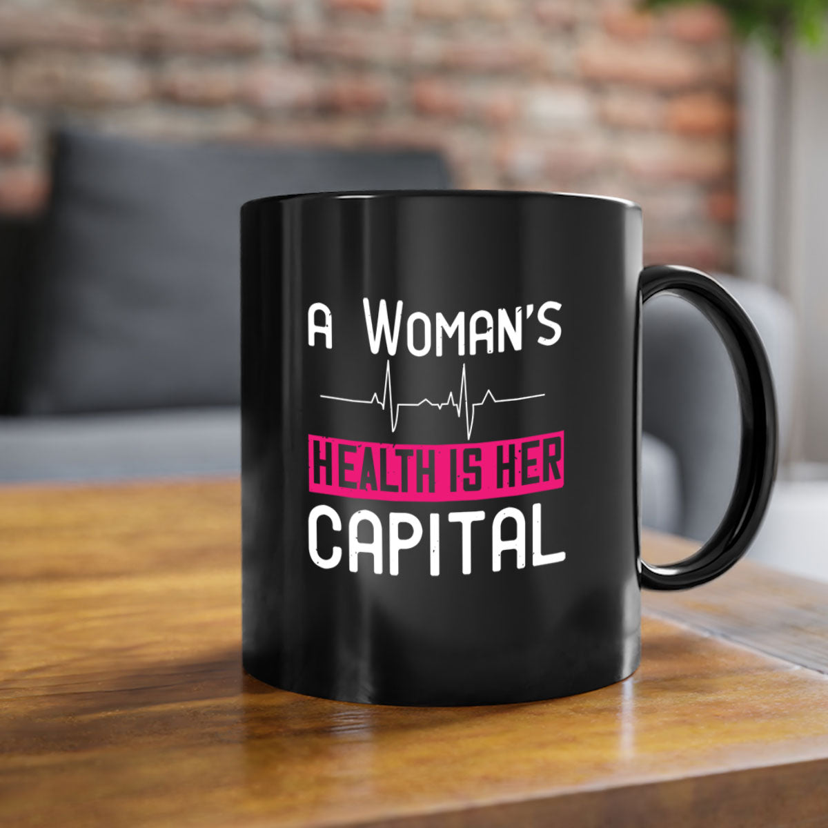 A stylish two-tone coffee mug featuring the phrase 'A Woman's Health is Her Capital', available in five colors with a glossy finish.