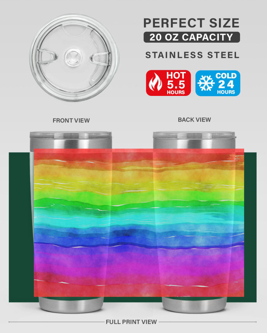 Abstract Rainbow 18# LGBT Tumbler showcasing vibrant colors and sleek stainless steel design, perfect for hot and cold beverages.