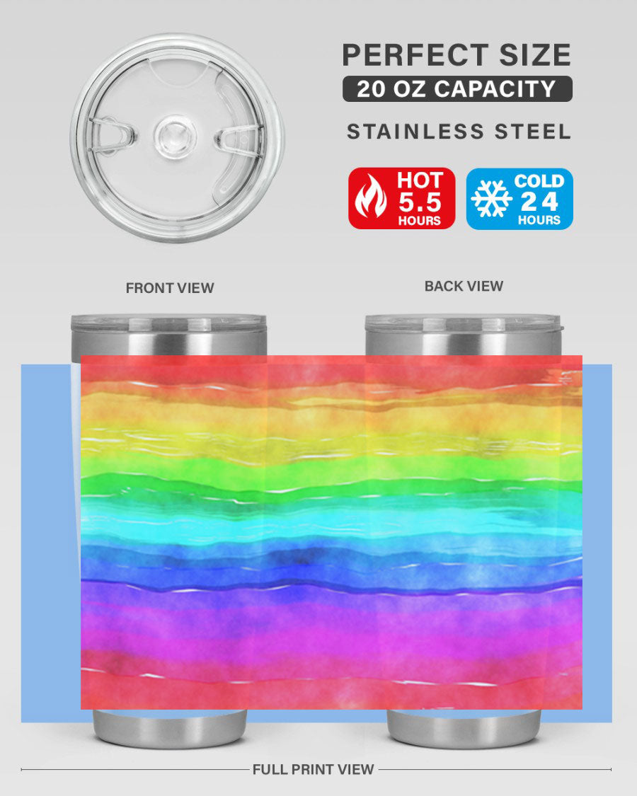 Abstract Rainbow 18# LGBT Tumbler showcasing vibrant colors and sleek stainless steel design, perfect for hot and cold beverages.