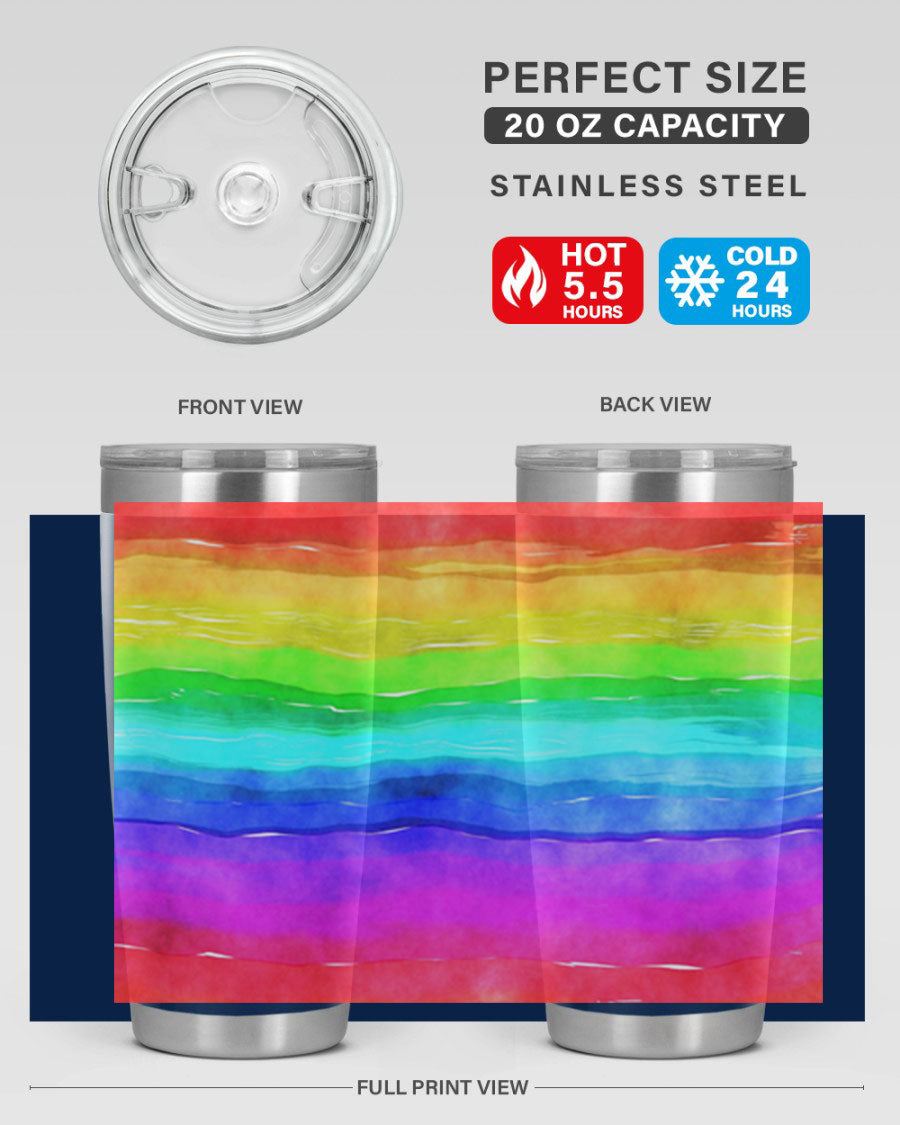 Abstract Rainbow 18# LGBT Tumbler showcasing vibrant colors and sleek stainless steel design, perfect for hot and cold beverages.