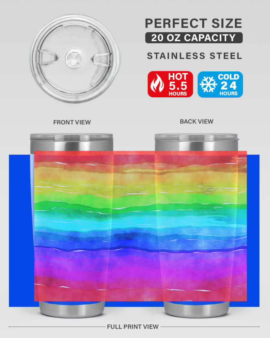 Abstract Rainbow 18# LGBT Tumbler showcasing vibrant colors and sleek stainless steel design, perfect for hot and cold beverages.