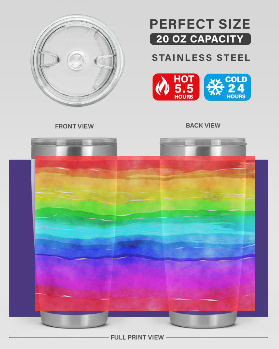 Abstract Rainbow 18# LGBT Tumbler showcasing vibrant colors and sleek stainless steel design, perfect for hot and cold beverages.