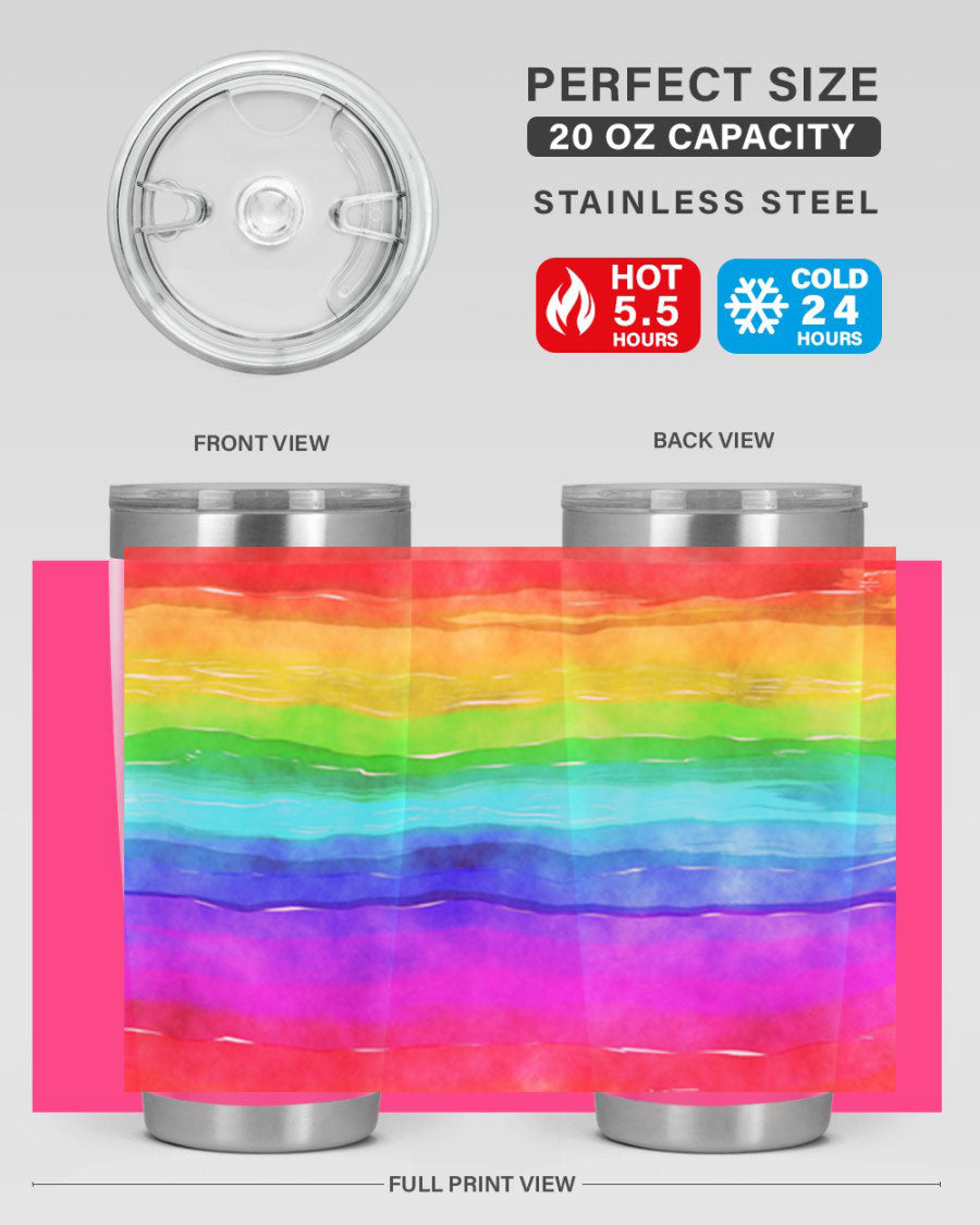 Abstract Rainbow 18# LGBT Tumbler showcasing vibrant colors and sleek stainless steel design, perfect for hot and cold beverages.