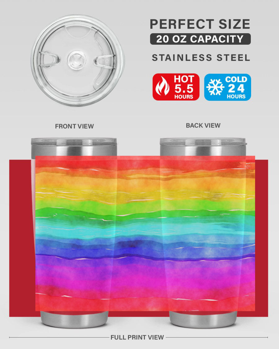 Abstract Rainbow 18# LGBT Tumbler showcasing vibrant colors and sleek stainless steel design, perfect for hot and cold beverages.