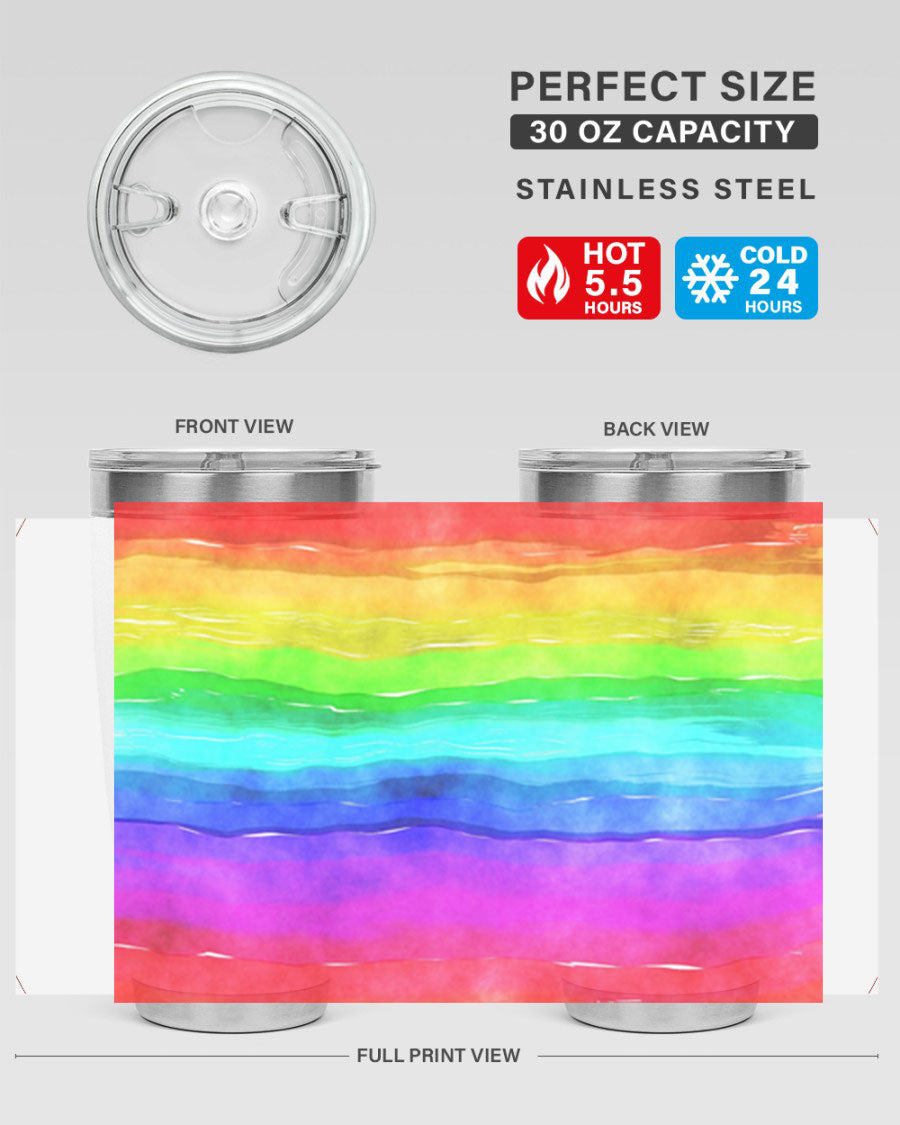 Abstract Rainbow 18# LGBT Tumbler showcasing vibrant colors and sleek stainless steel design, perfect for hot and cold beverages.