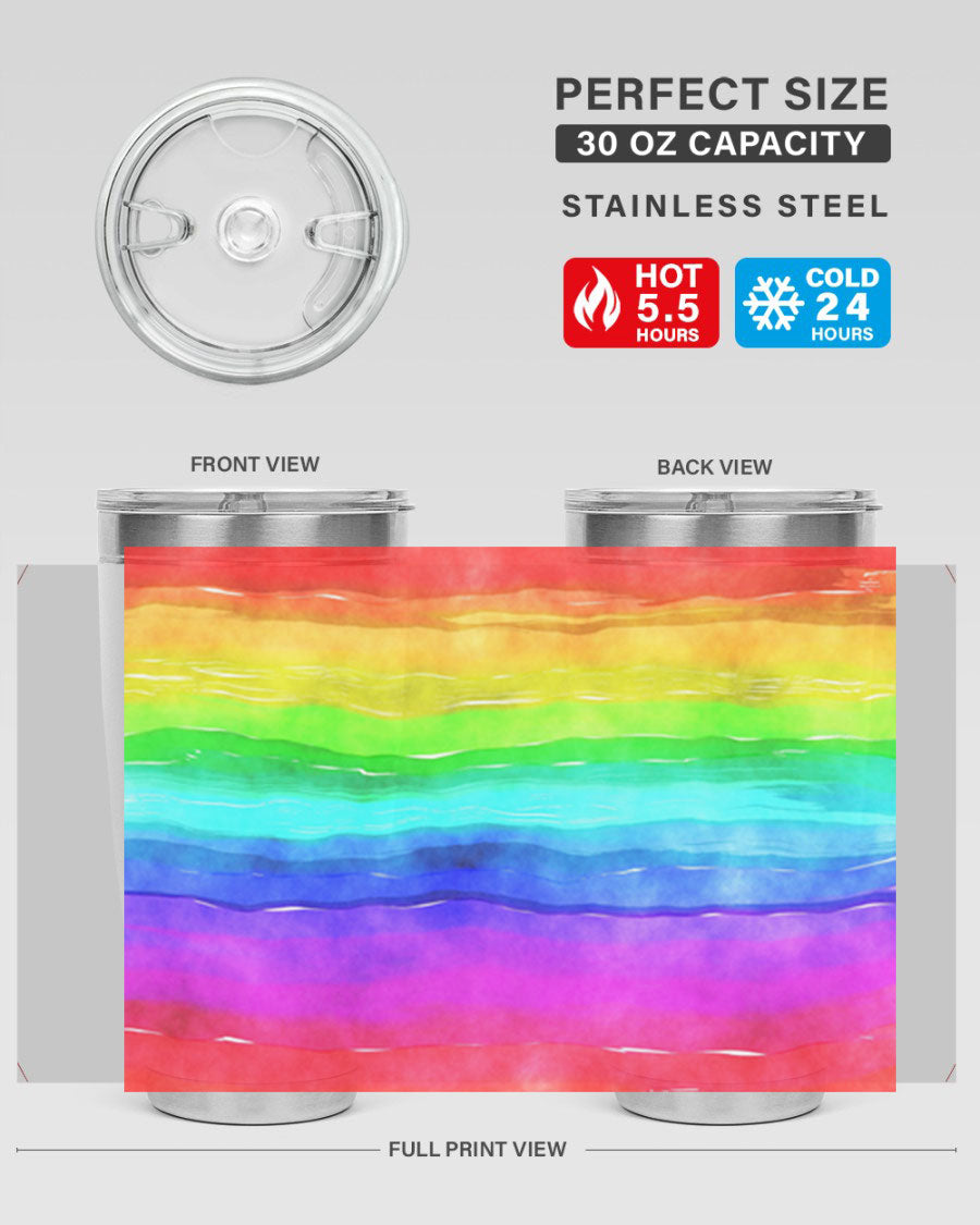 Abstract Rainbow 18# LGBT Tumbler showcasing vibrant colors and sleek stainless steel design, perfect for hot and cold beverages.