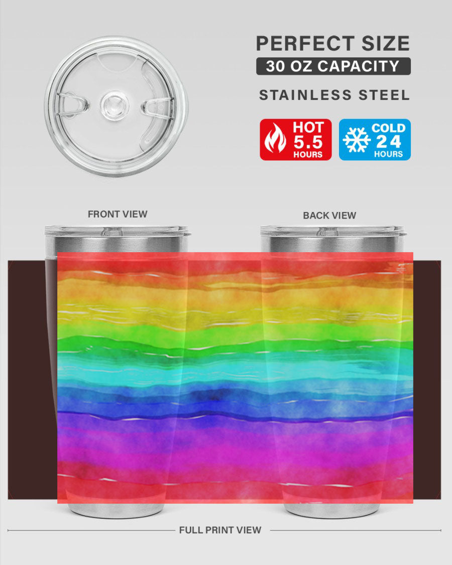 Abstract Rainbow 18# LGBT Tumbler showcasing vibrant colors and sleek stainless steel design, perfect for hot and cold beverages.