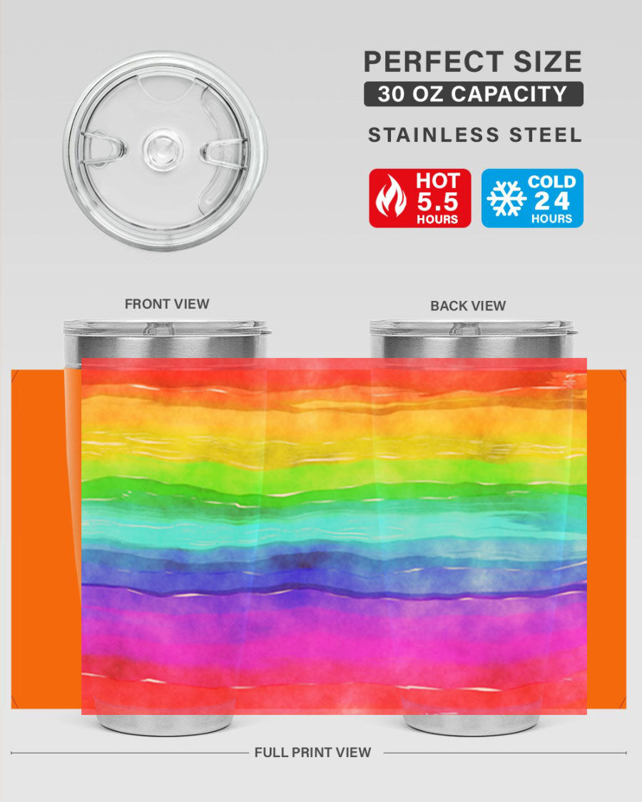 Abstract Rainbow 18# LGBT Tumbler showcasing vibrant colors and sleek stainless steel design, perfect for hot and cold beverages.