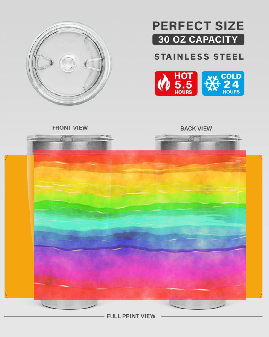 Abstract Rainbow 18# LGBT Tumbler showcasing vibrant colors and sleek stainless steel design, perfect for hot and cold beverages.