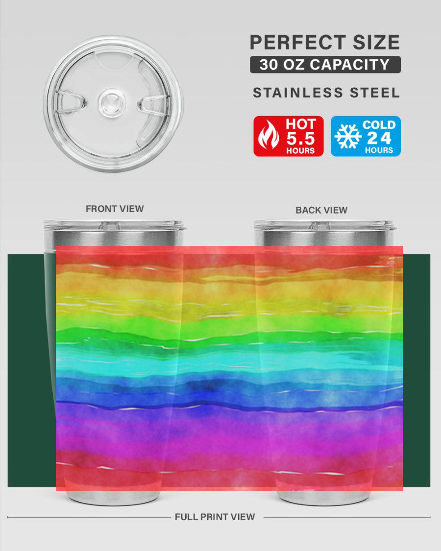 Abstract Rainbow 18# LGBT Tumbler showcasing vibrant colors and sleek stainless steel design, perfect for hot and cold beverages.