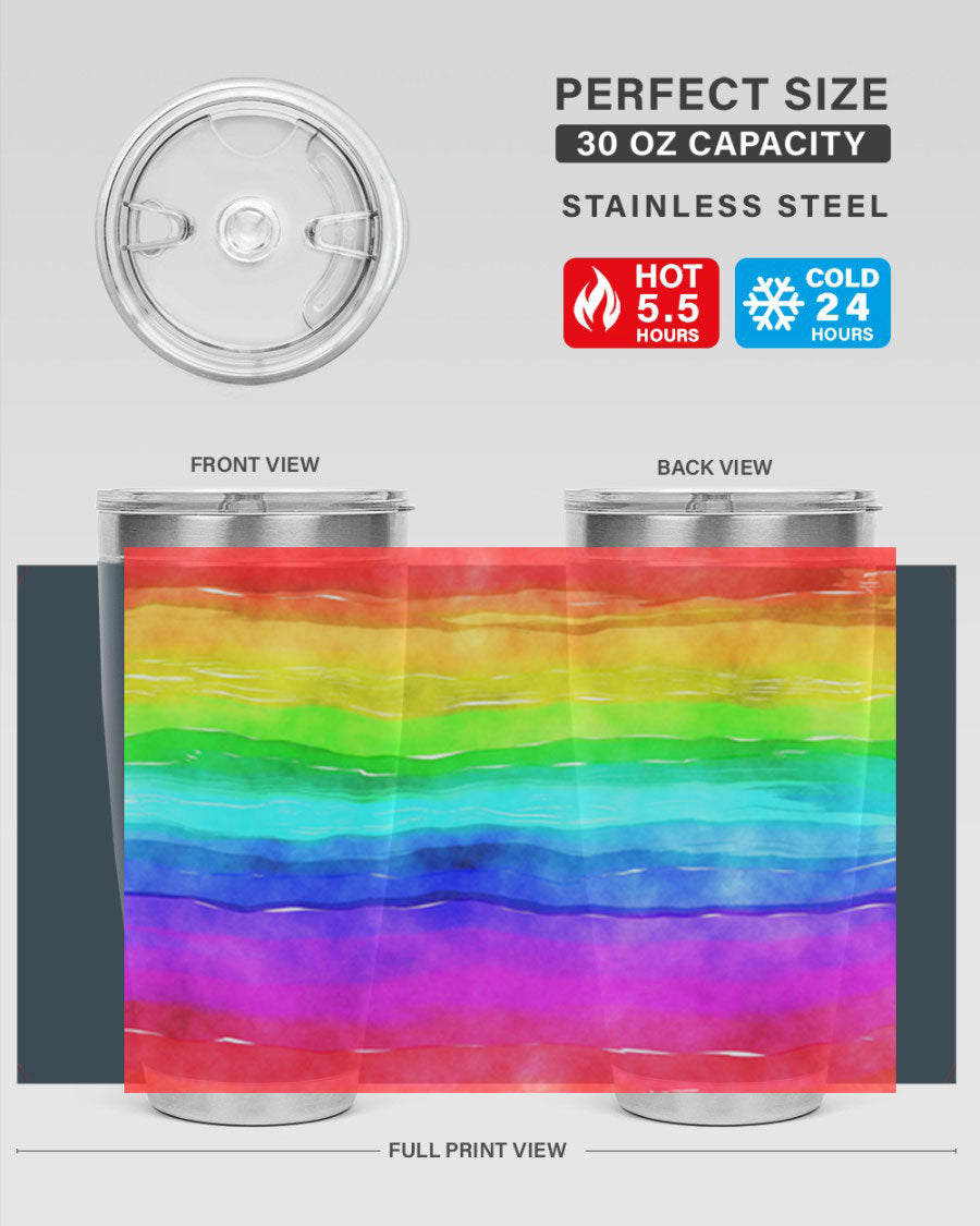 Abstract Rainbow 18# LGBT Tumbler showcasing vibrant colors and sleek stainless steel design, perfect for hot and cold beverages.