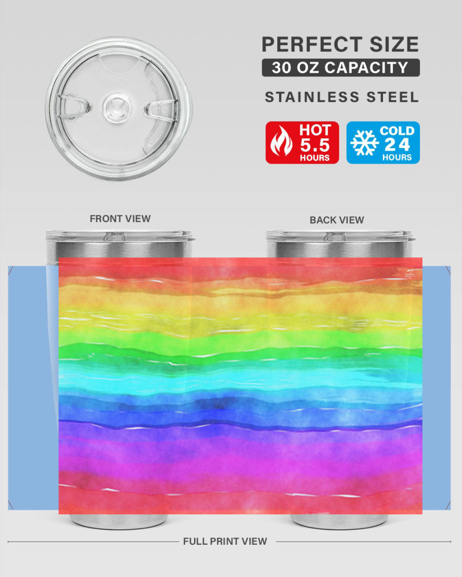 Abstract Rainbow 18# LGBT Tumbler showcasing vibrant colors and sleek stainless steel design, perfect for hot and cold beverages.