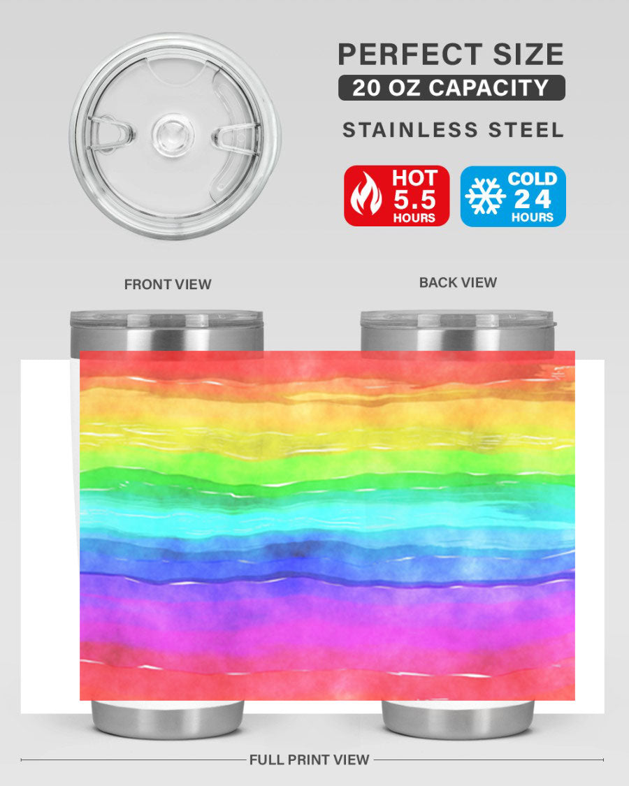 Abstract Rainbow 18# LGBT Tumbler showcasing vibrant colors and sleek stainless steel design, perfect for hot and cold beverages.