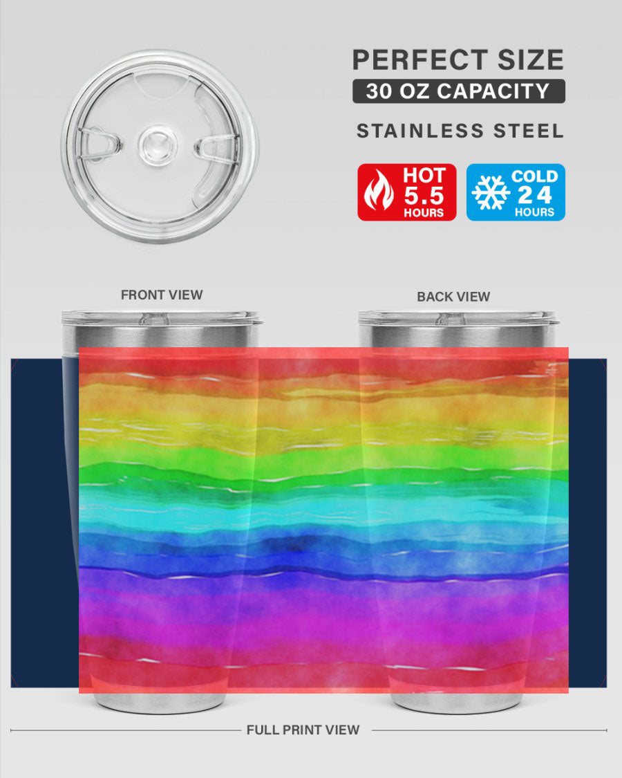 Abstract Rainbow 18# LGBT Tumbler showcasing vibrant colors and sleek stainless steel design, perfect for hot and cold beverages.