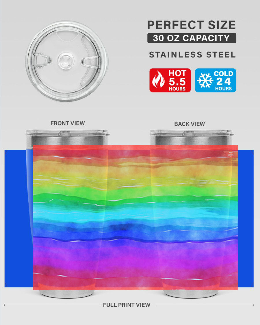 Abstract Rainbow 18# LGBT Tumbler showcasing vibrant colors and sleek stainless steel design, perfect for hot and cold beverages.