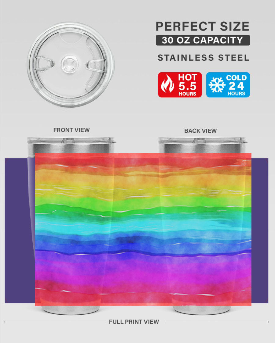 Abstract Rainbow 18# LGBT Tumbler showcasing vibrant colors and sleek stainless steel design, perfect for hot and cold beverages.