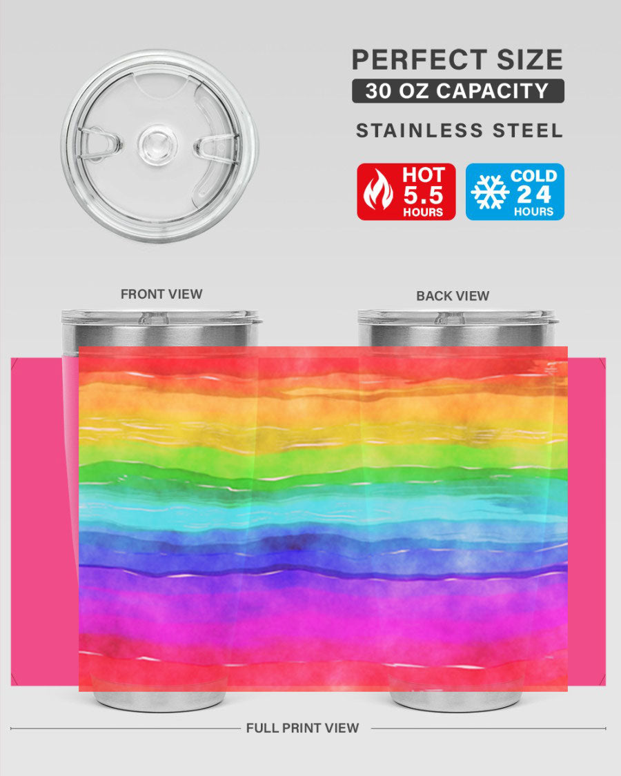 Abstract Rainbow 18# LGBT Tumbler showcasing vibrant colors and sleek stainless steel design, perfect for hot and cold beverages.