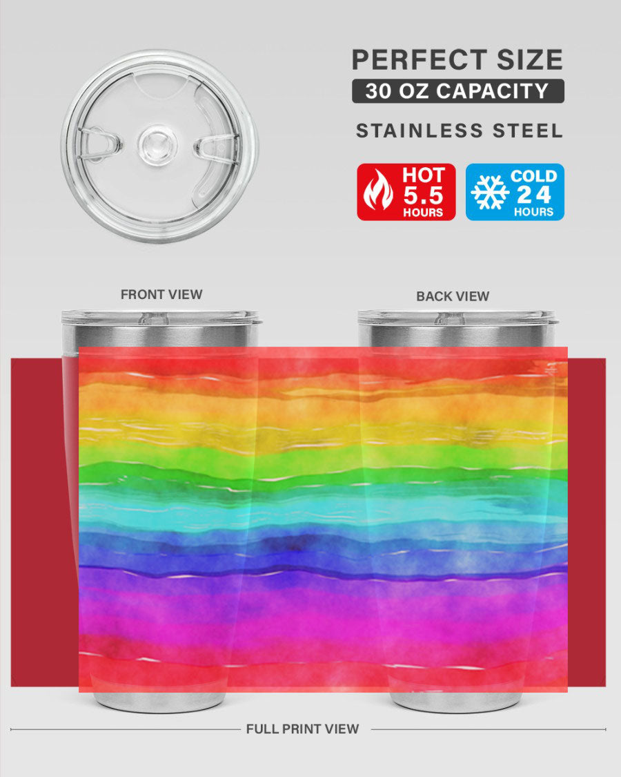 Abstract Rainbow 18# LGBT Tumbler showcasing vibrant colors and sleek stainless steel design, perfect for hot and cold beverages.