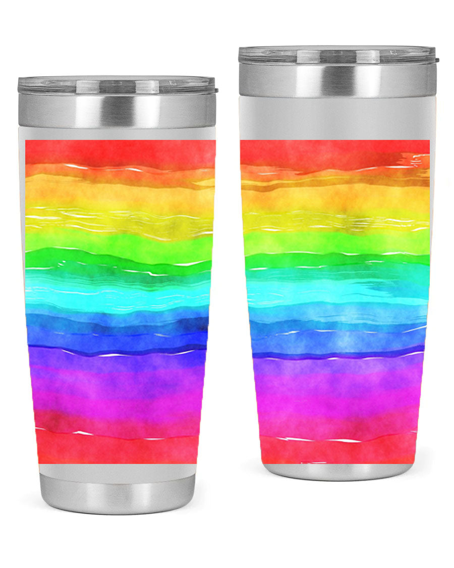 Abstract Rainbow 18# LGBT Tumbler showcasing vibrant colors and sleek stainless steel design, perfect for hot and cold beverages.