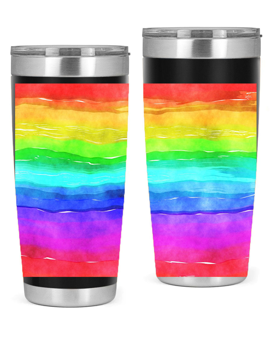 Abstract Rainbow 18# LGBT Tumbler showcasing vibrant colors and sleek stainless steel design, perfect for hot and cold beverages.