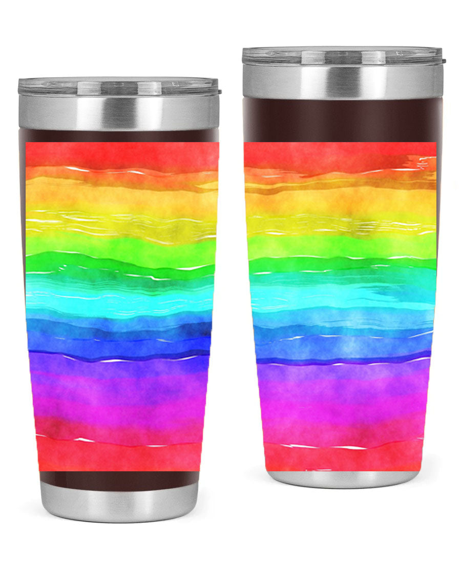 Abstract Rainbow 18# LGBT Tumbler showcasing vibrant colors and sleek stainless steel design, perfect for hot and cold beverages.