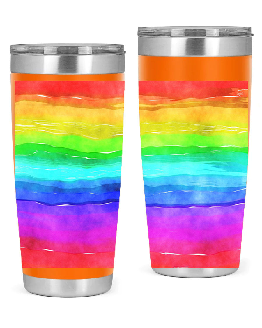 Abstract Rainbow 18# LGBT Tumbler showcasing vibrant colors and sleek stainless steel design, perfect for hot and cold beverages.