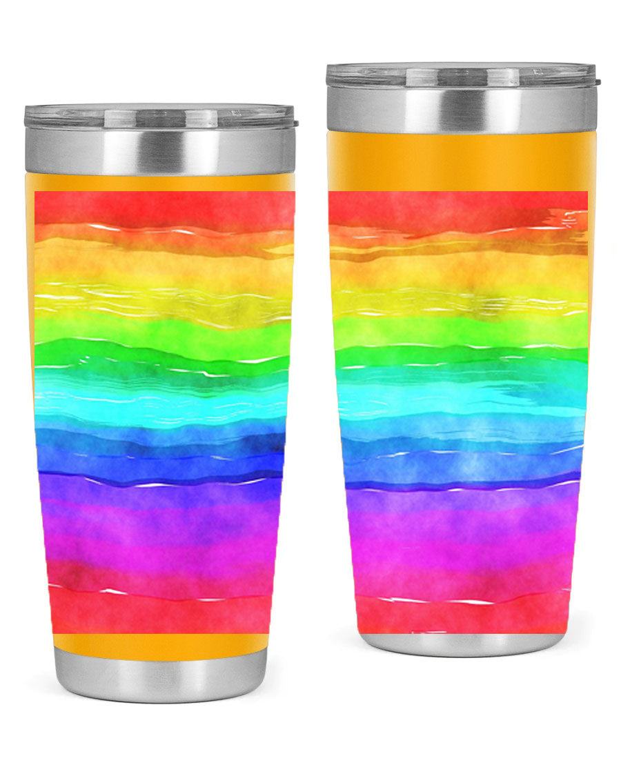 Abstract Rainbow 18# LGBT Tumbler showcasing vibrant colors and sleek stainless steel design, perfect for hot and cold beverages.
