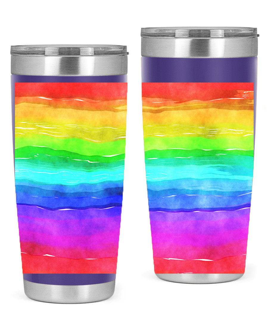Abstract Rainbow 18# LGBT Tumbler showcasing vibrant colors and sleek stainless steel design, perfect for hot and cold beverages.