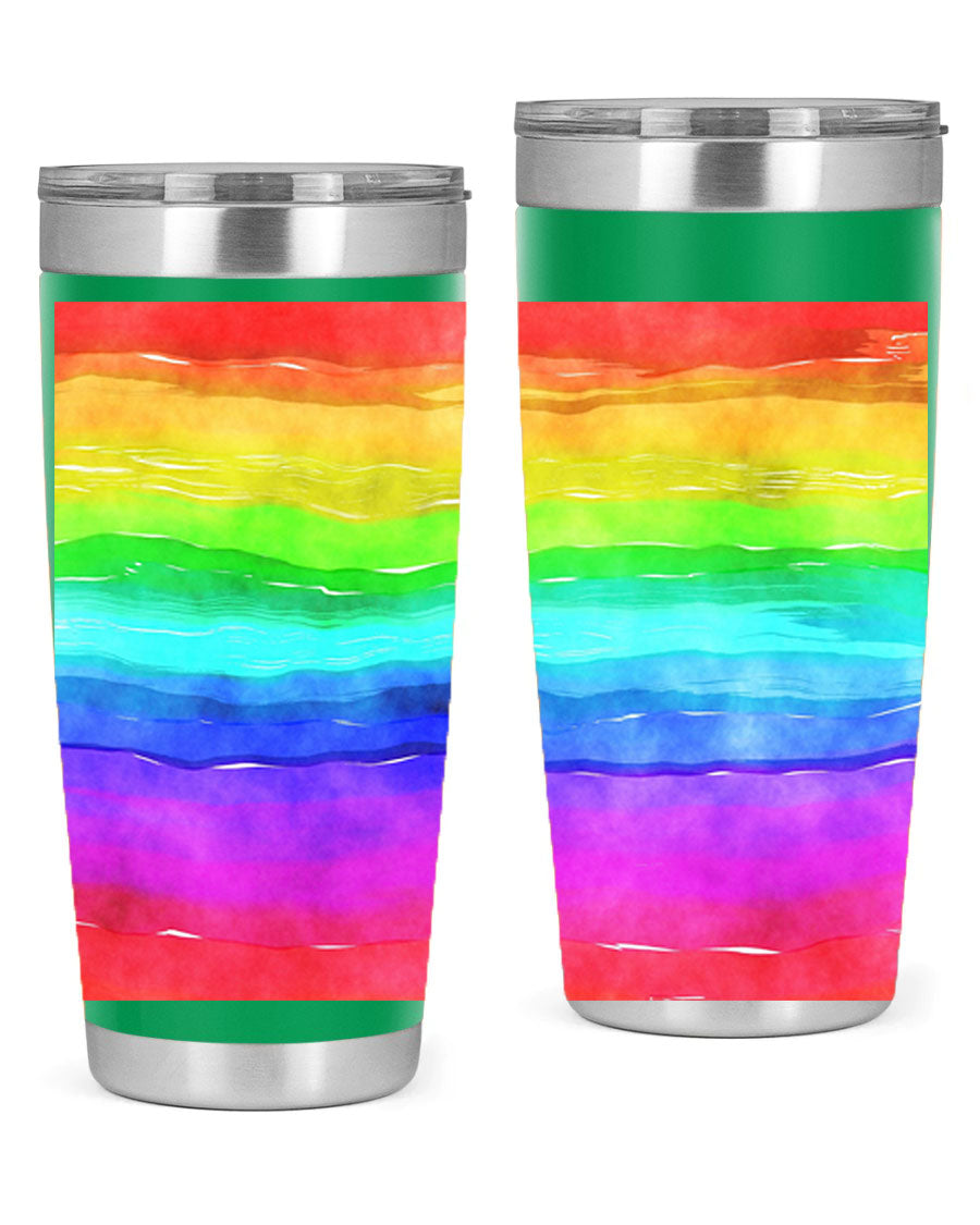 Abstract Rainbow 18# LGBT Tumbler showcasing vibrant colors and sleek stainless steel design, perfect for hot and cold beverages.