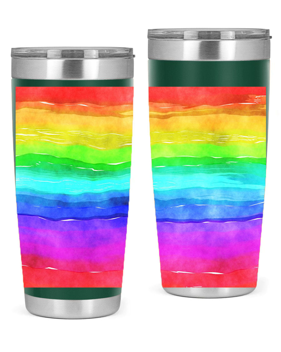Abstract Rainbow 18# LGBT Tumbler showcasing vibrant colors and sleek stainless steel design, perfect for hot and cold beverages.