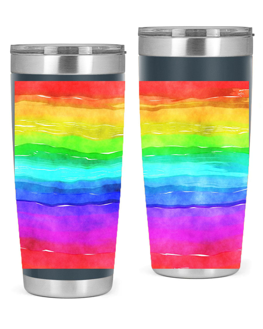 Abstract Rainbow 18# LGBT Tumbler showcasing vibrant colors and sleek stainless steel design, perfect for hot and cold beverages.