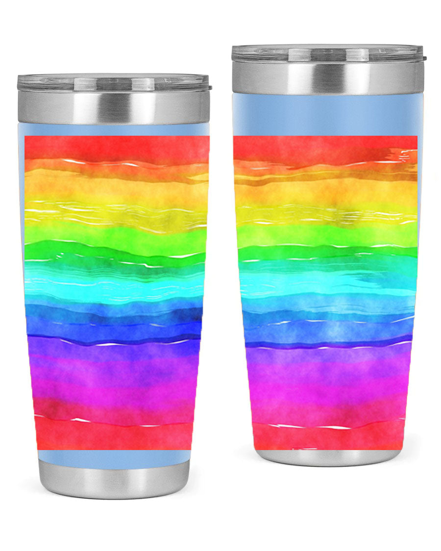 Abstract Rainbow 18# LGBT Tumbler showcasing vibrant colors and sleek stainless steel design, perfect for hot and cold beverages.