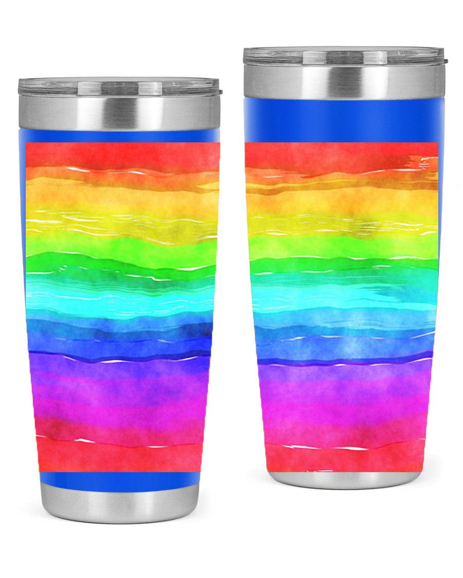 Abstract Rainbow 18# LGBT Tumbler showcasing vibrant colors and sleek stainless steel design, perfect for hot and cold beverages.