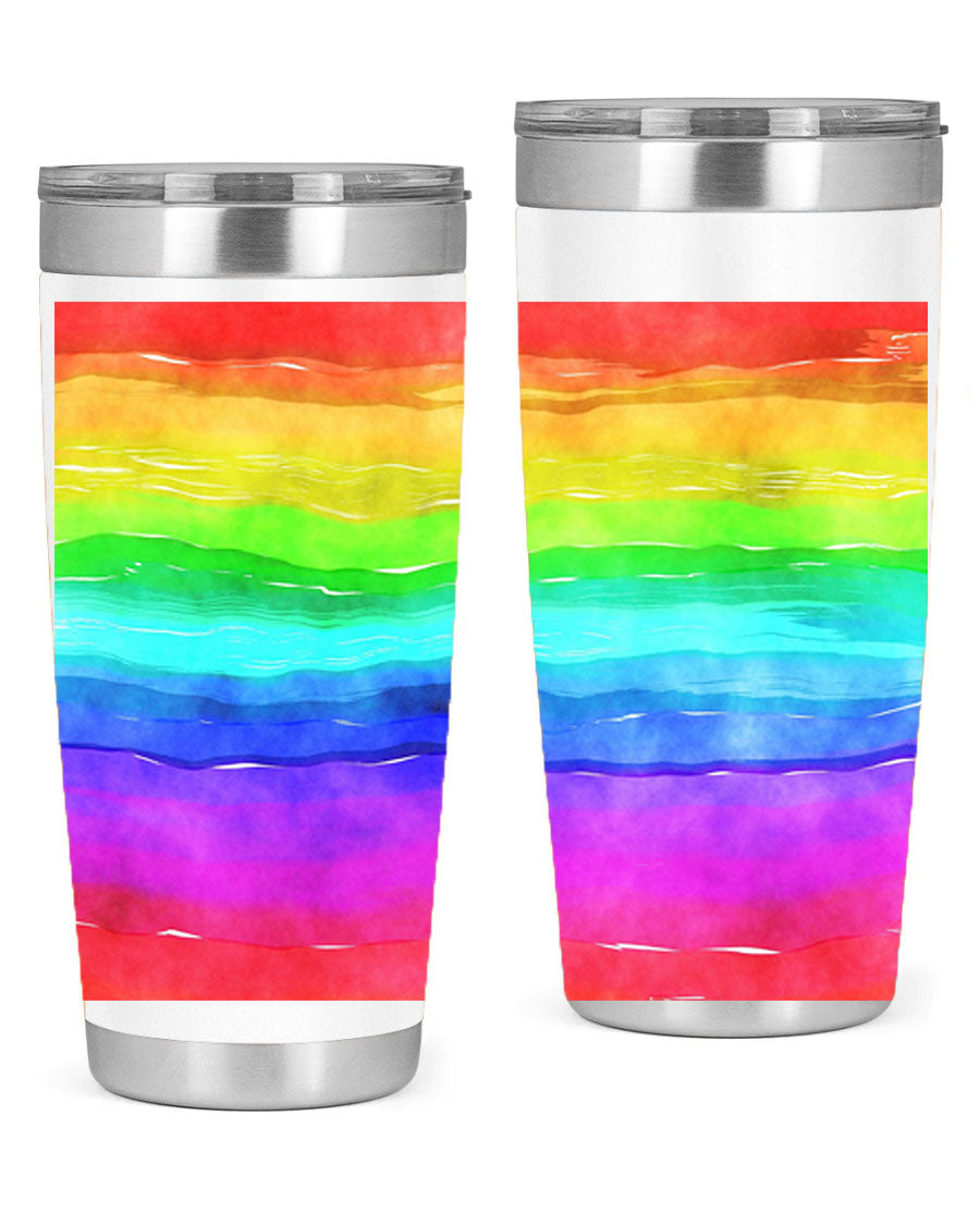 Abstract Rainbow 18# LGBT Tumbler showcasing vibrant colors and sleek stainless steel design, perfect for hot and cold beverages.