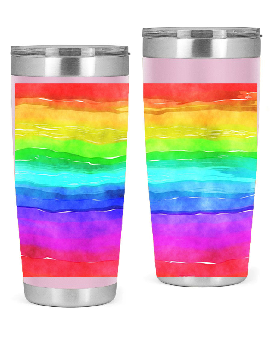 Abstract Rainbow 18# LGBT Tumbler showcasing vibrant colors and sleek stainless steel design, perfect for hot and cold beverages.