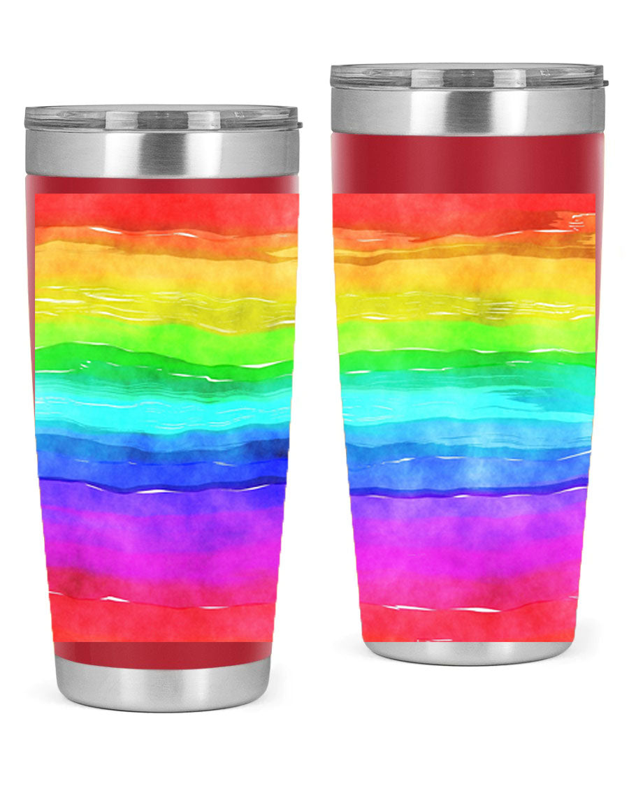 Abstract Rainbow 18# LGBT Tumbler showcasing vibrant colors and sleek stainless steel design, perfect for hot and cold beverages.