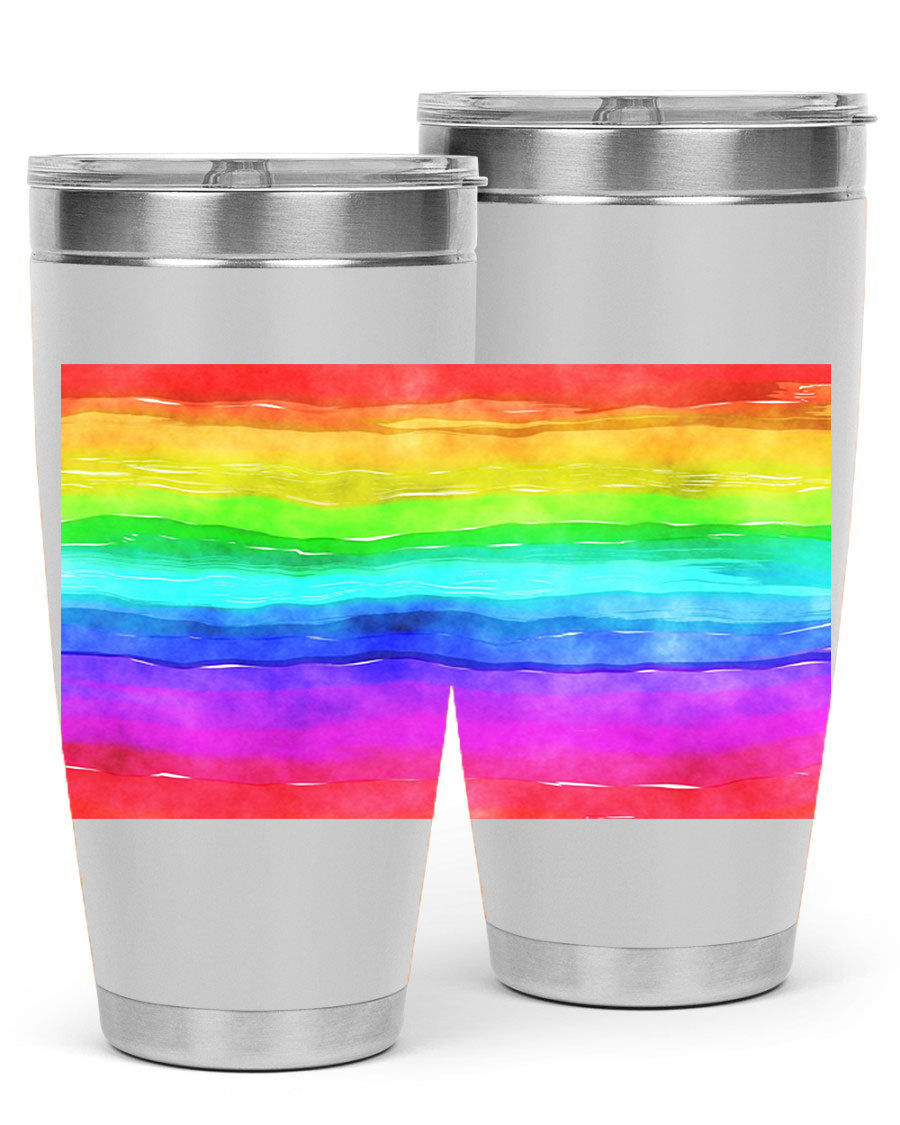 Abstract Rainbow 18# LGBT Tumbler showcasing vibrant colors and sleek stainless steel design, perfect for hot and cold beverages.
