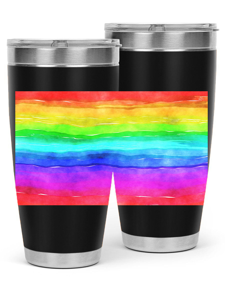 Abstract Rainbow 18# LGBT Tumbler showcasing vibrant colors and sleek stainless steel design, perfect for hot and cold beverages.