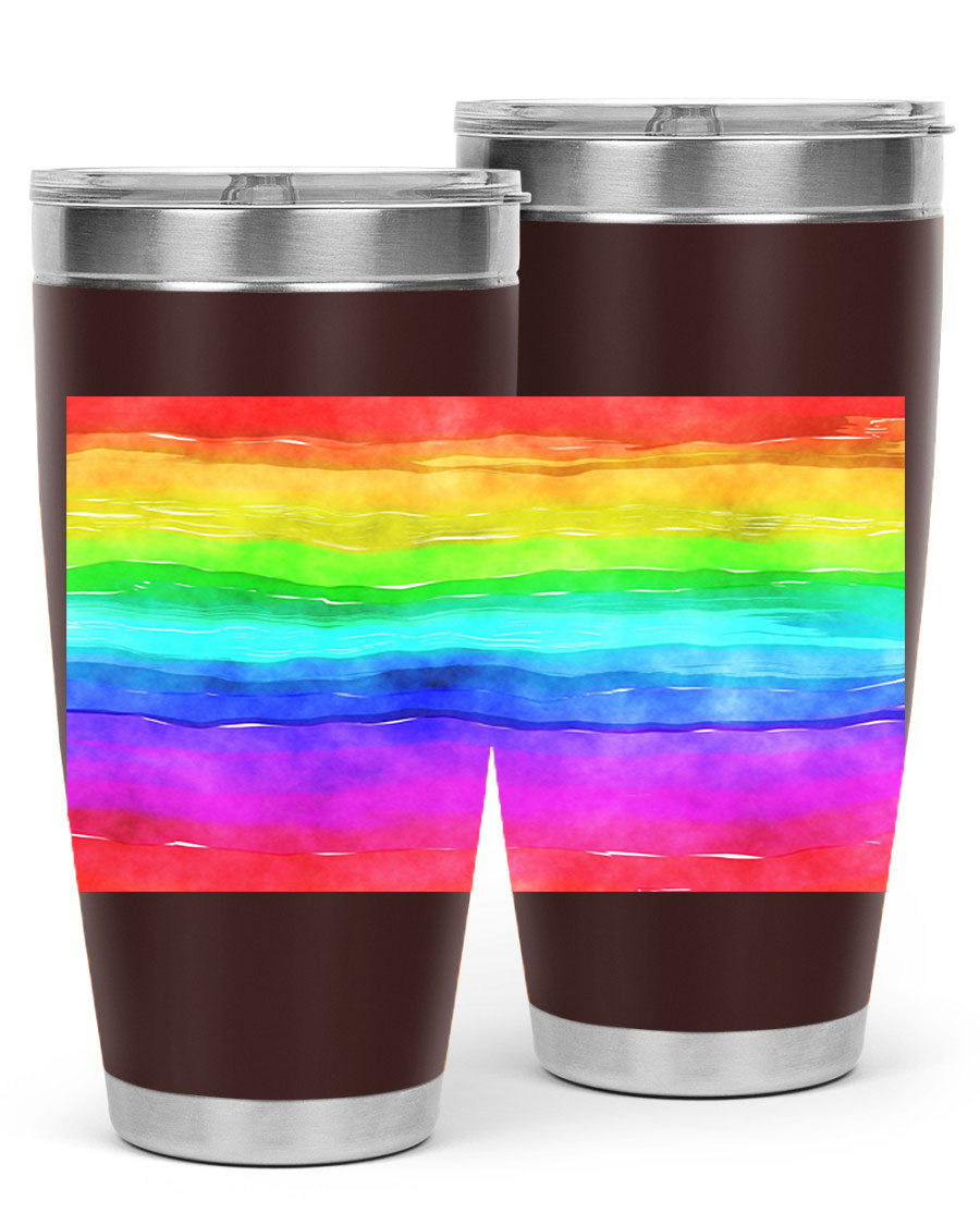 Abstract Rainbow 18# LGBT Tumbler showcasing vibrant colors and sleek stainless steel design, perfect for hot and cold beverages.