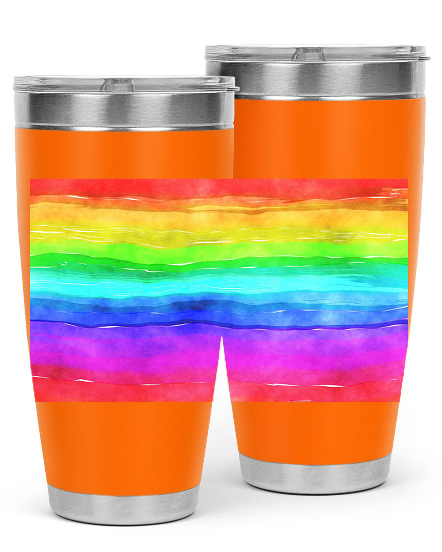 Abstract Rainbow 18# LGBT Tumbler showcasing vibrant colors and sleek stainless steel design, perfect for hot and cold beverages.
