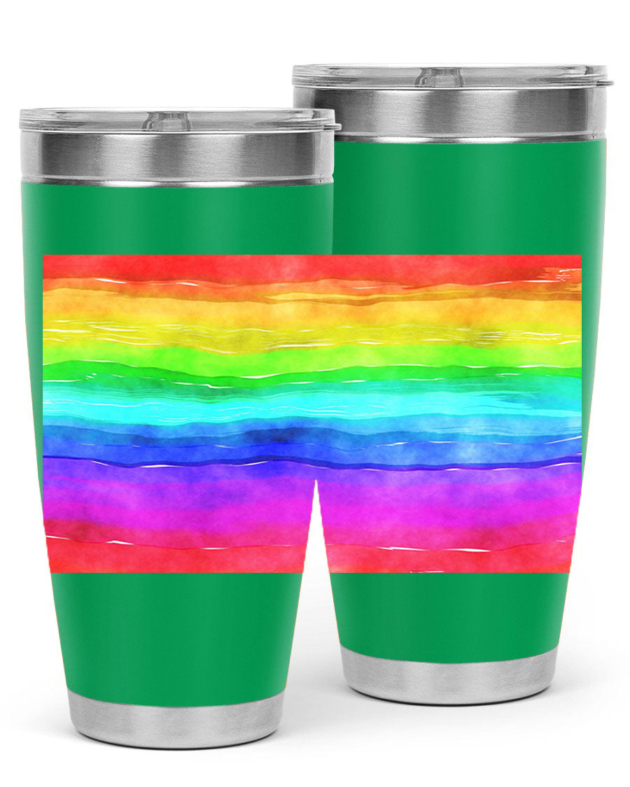 Abstract Rainbow 18# LGBT Tumbler showcasing vibrant colors and sleek stainless steel design, perfect for hot and cold beverages.