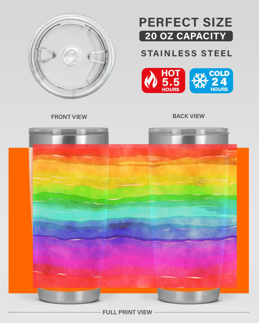 Abstract Rainbow 18# LGBT Tumbler showcasing vibrant colors and sleek stainless steel design, perfect for hot and cold beverages.